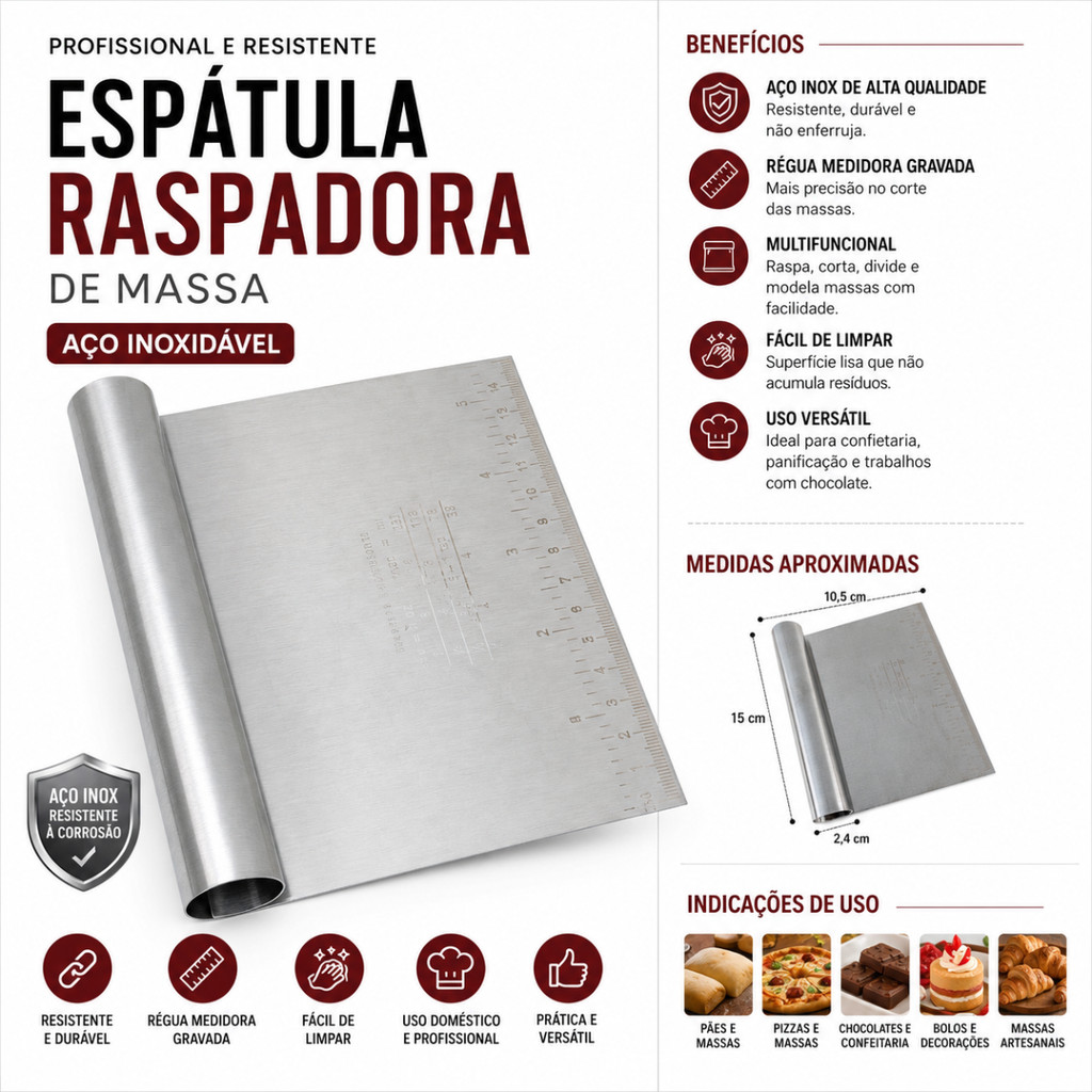 Espátula Raspador De Massa Aço Inox Profissional Confeitaria Chocolate Pão Bolo com Régua Medidora