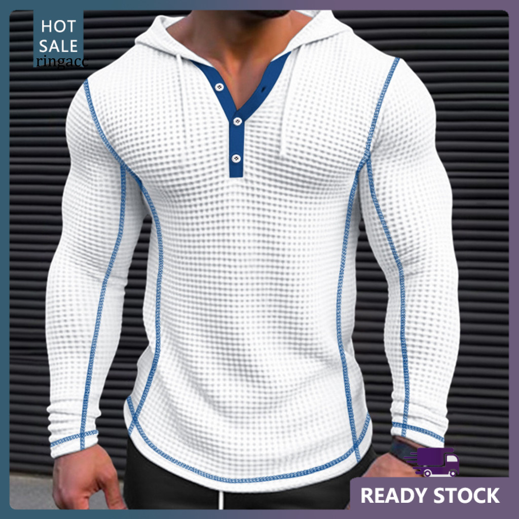 Casual Men Hoodie Soft Polyester Men's Slim Fit Cotton Waffle Breathable Long Sleeve Pullover with Button Closure Stylis