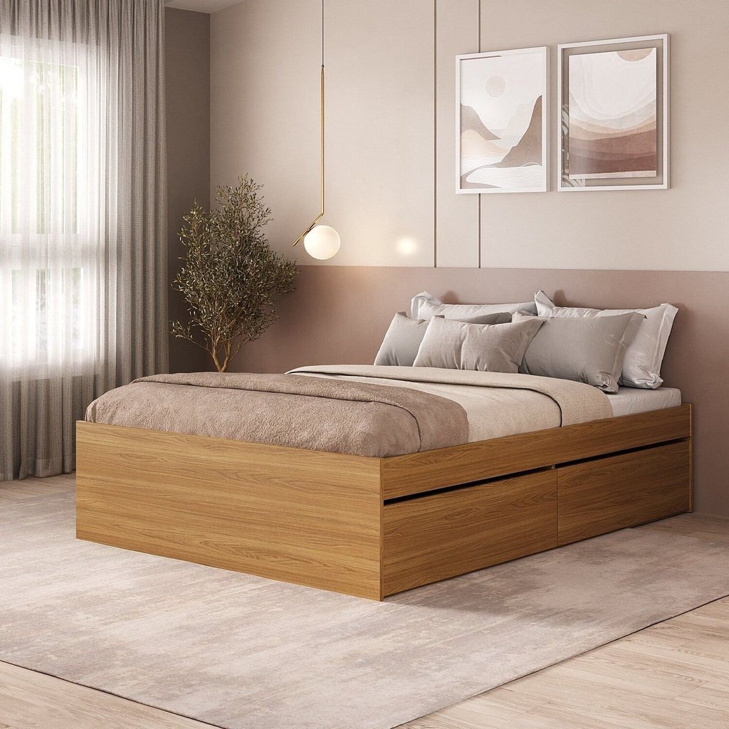 Cama Queen 4 Gavetas MDF Aurora Yescasa Marrom/Carvalho Hanover Carvalho Hanover