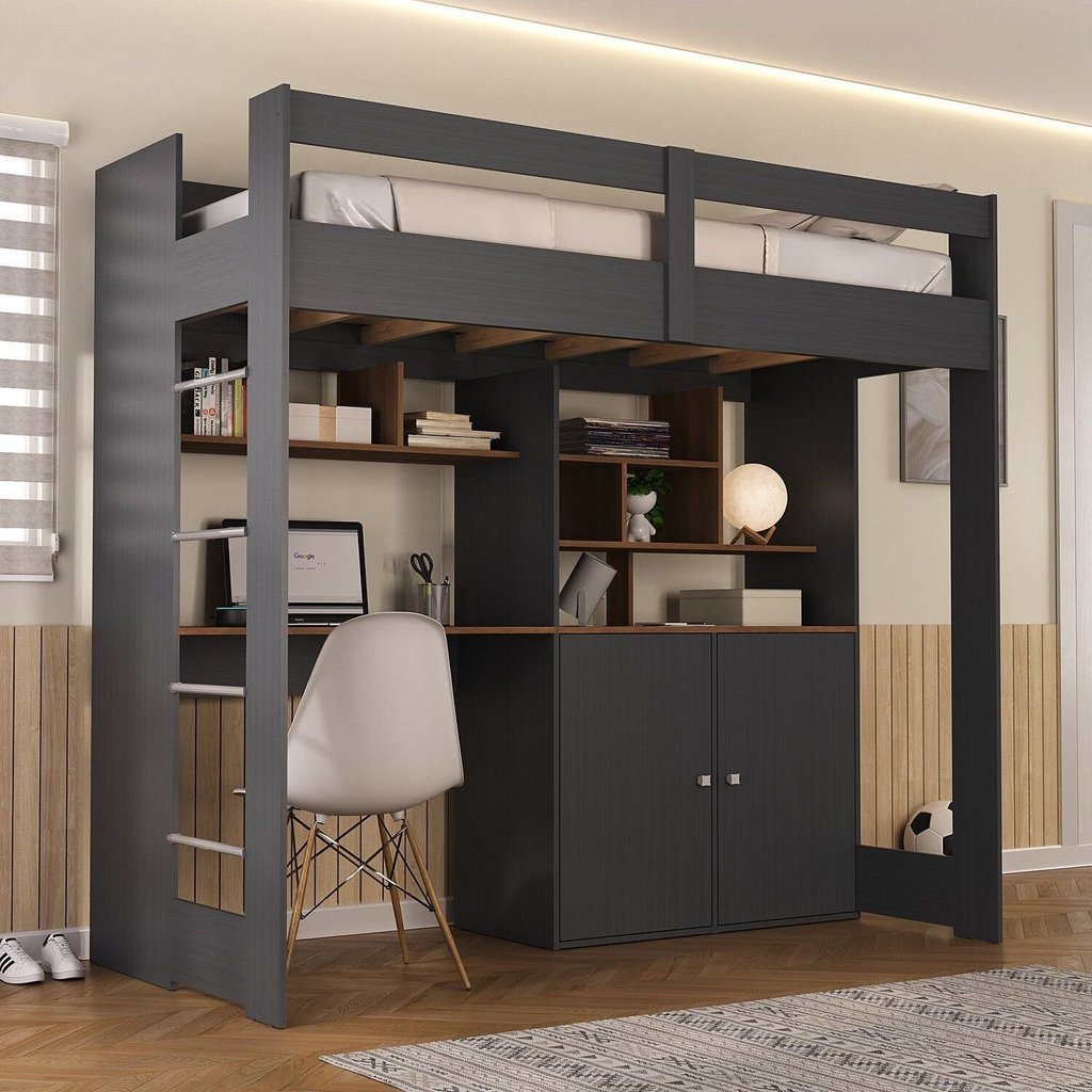 Cama de Solteiro Zwork 2 Portas com Escrivaninha Multifuncional Yescasa Cinza/Grafite/Nogal Grafite/Nogal