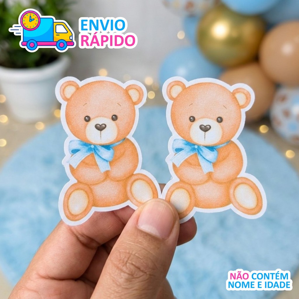 ENVIO RÁPIDO: 26 Apliques 5cm Ursinho AZUL 2 chá de bebê fraldas kit festa lembrancinhas tubetes mimos adesivo tag