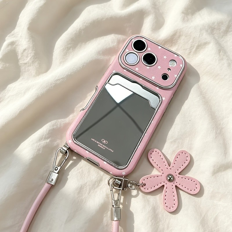 Capa de telefone - Capa de telefone com estampa de estrela rosa com suporte para cartão espelhado Pingente de flor Capa 
