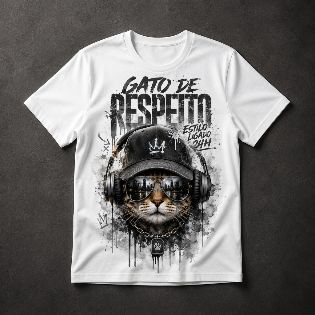 Camiseta Masculina Gato de Respeito Estilo Urbano Street Art Hip Hop Swag Estampa