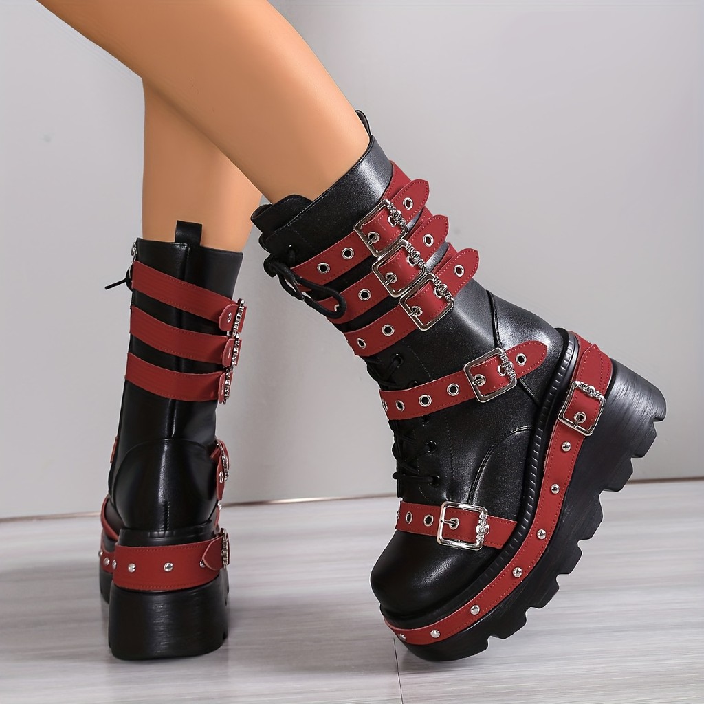 Botas Femininas Góticas Punk de Plataforma com Correntes de Metal Ajustáveis, Fivela, Sola Grossa, Cano Médio, Forradas, — imagem 2 de 2
