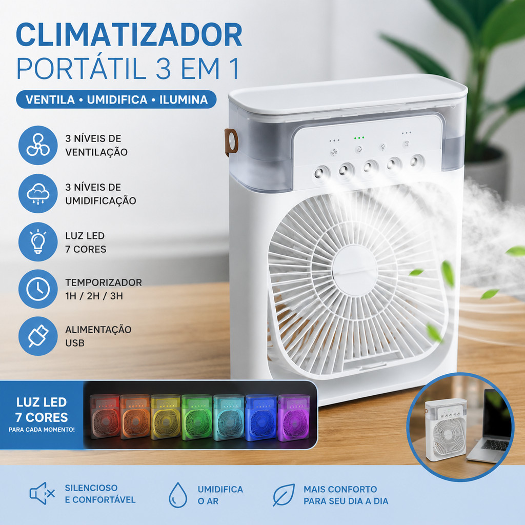 Mini Ventilador Ar Condicionado Refrigerador Umidificador Portátil Com Led Reservatório De Água USB