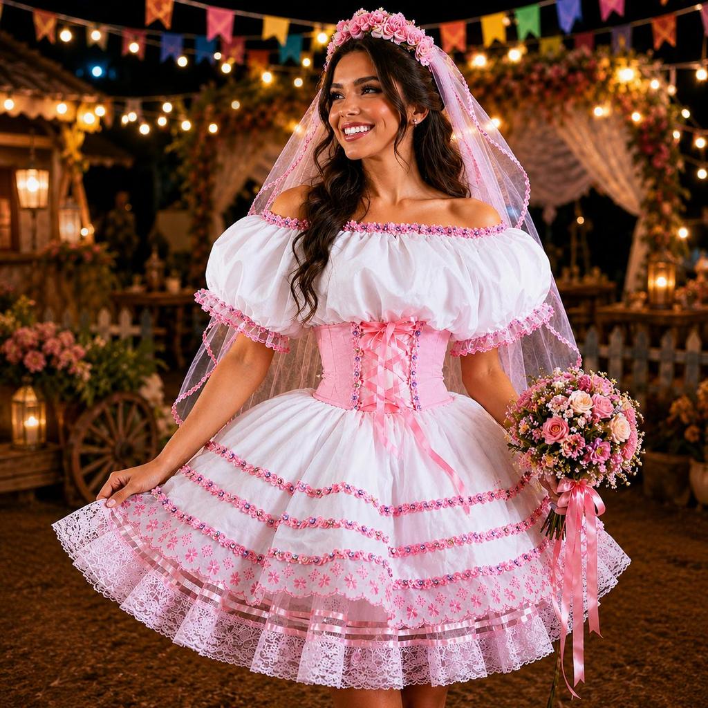 Vestido Festa Junina Noiva de Luxo Com Espartilho Ajustável Tiara Com Véu Branco e Flores