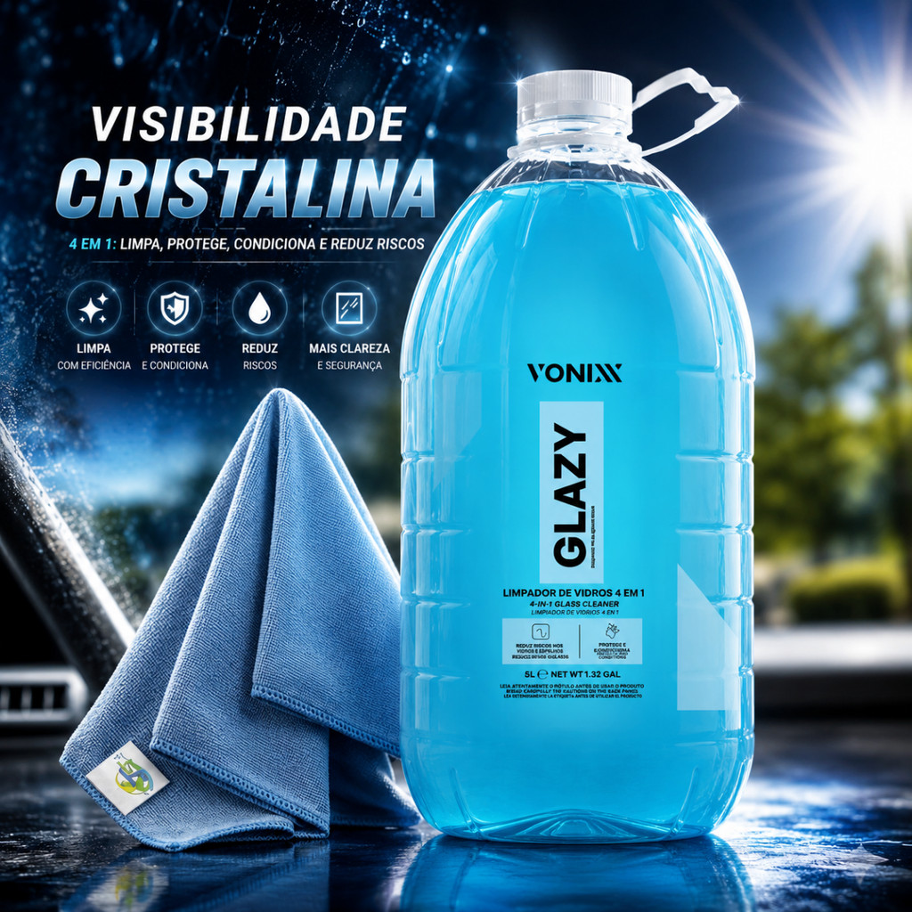 Imagem Limpa Vidros Redutor De Atrito 4 Em 1 Glazy 5L - Vonixx + Pano Para Vidro