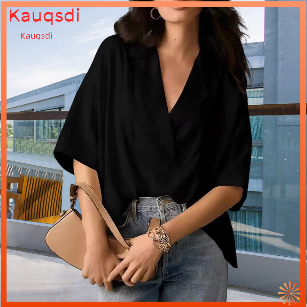 Solid Color Lapel Shirt Women Retro Style Women’s Loose Fit Half Sleeve Pullover Top Wear Blouse – Comfortable and f