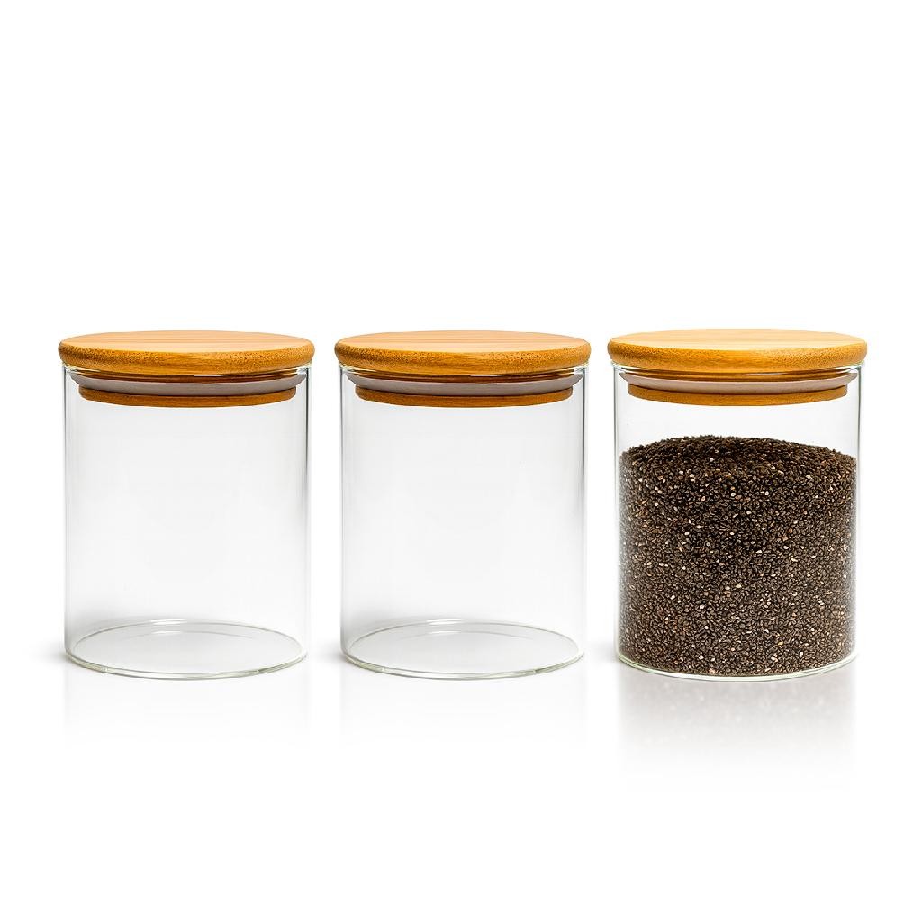 Kit 3 Potes vidro Hermético tampa Bambu redondo cozinha Multiuso 450ML mantimentos transparente