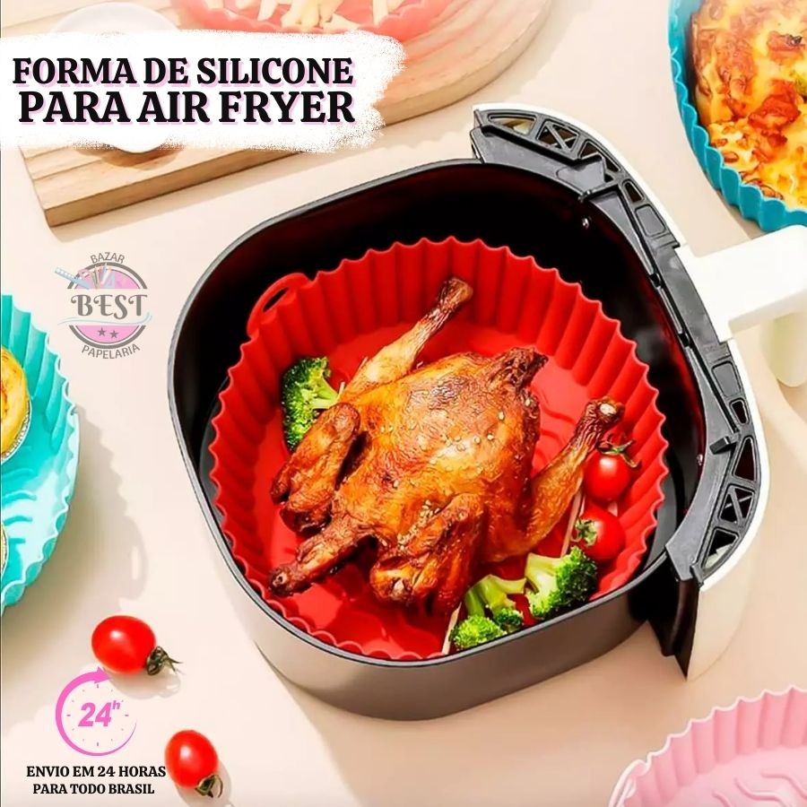 Forma de Silicone Air Fryer Assadeira Fritadeira Redonda Antiaderente Vermelho/Preto