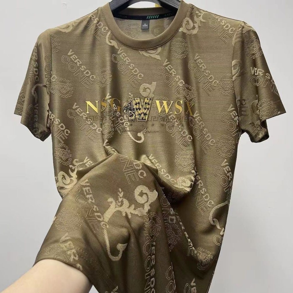 Camiseta Ice Silk Jacquard Manga Curta Fina Masculina Casual Moda Moda Moda#T恤冰丝提花短袖薄男士休闲潮流时尚