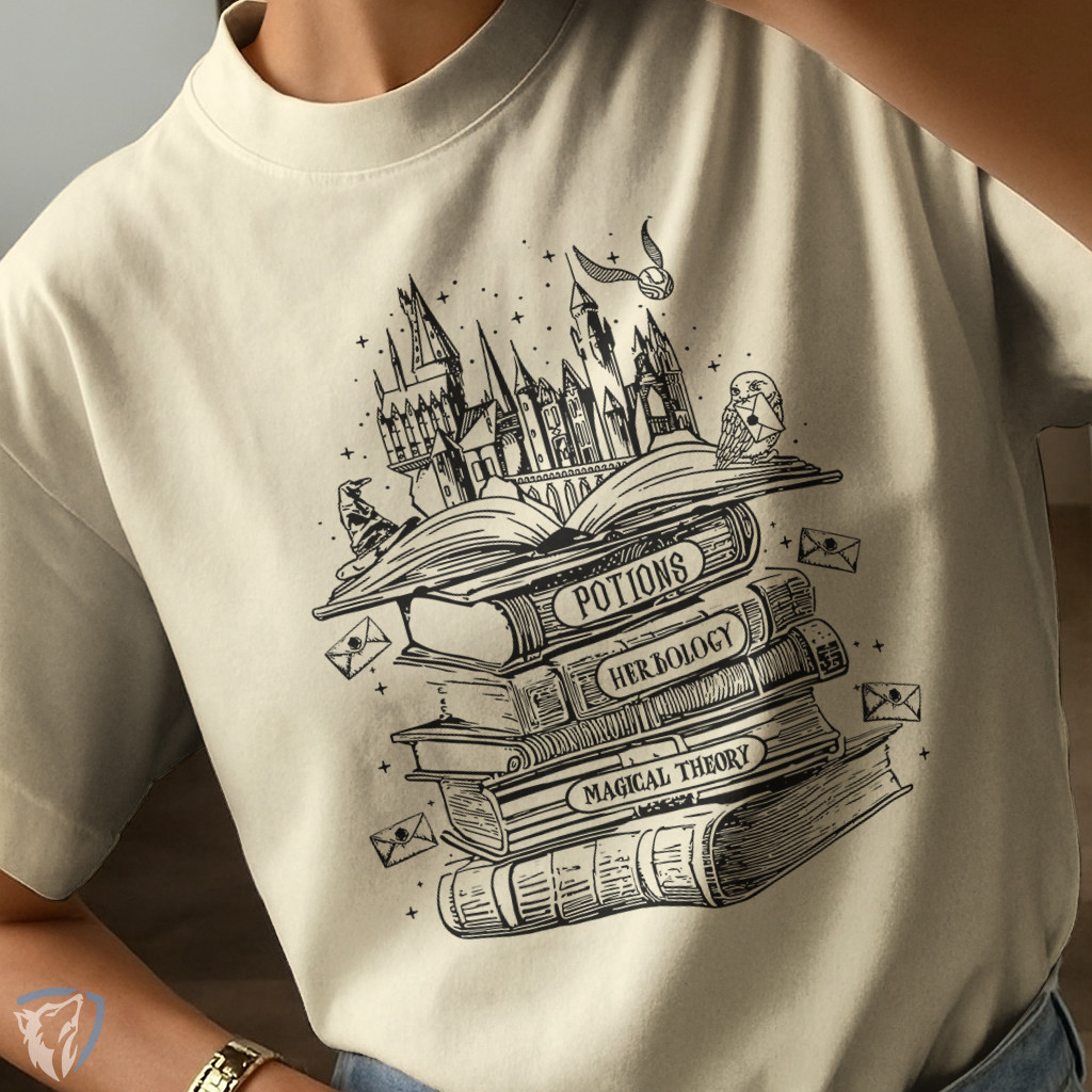Camiseta Estampada Livros de Magia Harry Potter Filmes | Castelo Fantástico, Coruja e Arte Vintage