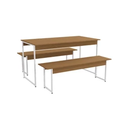 Conjunto: Mesa Sala Jantar Industrial LI013 c/ Tampo Madeirado 136x72cm c/ 2 Bancos Canela/Branco - Kappesberg