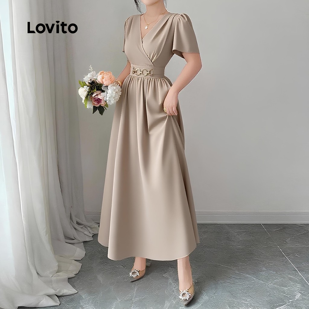 (new)Lovito Vestido Casual Feminino Cáqui com Zíper para Natal/Festa Primavera/Verão L152LD050 em Oferta na Shopee
