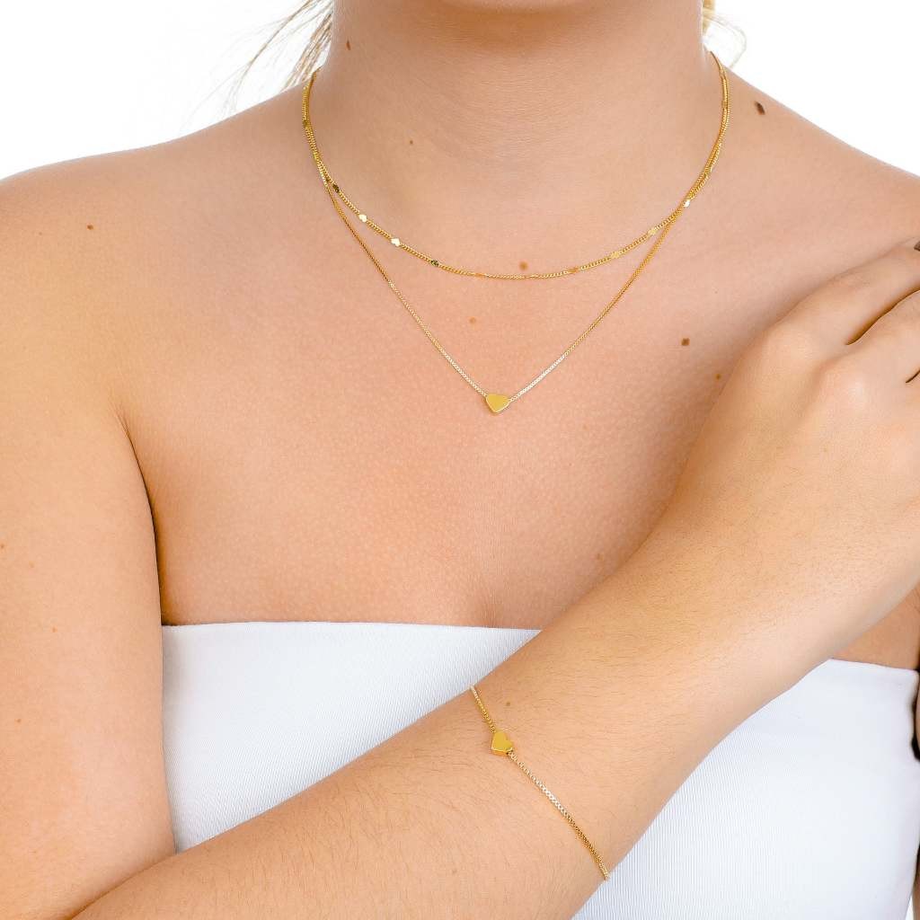 Conjunto Colar Choker e Pulseira Coração Semi Joia Banhada Ouro 18K Feminino