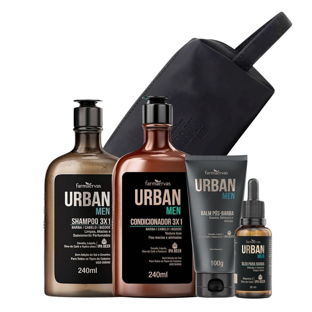 Kit Urban Men Completo Shampoo 3 em 1 + Condicionador + Balm Pós Barba + Óleo Para Barba + Necessaire Masculina,Presente