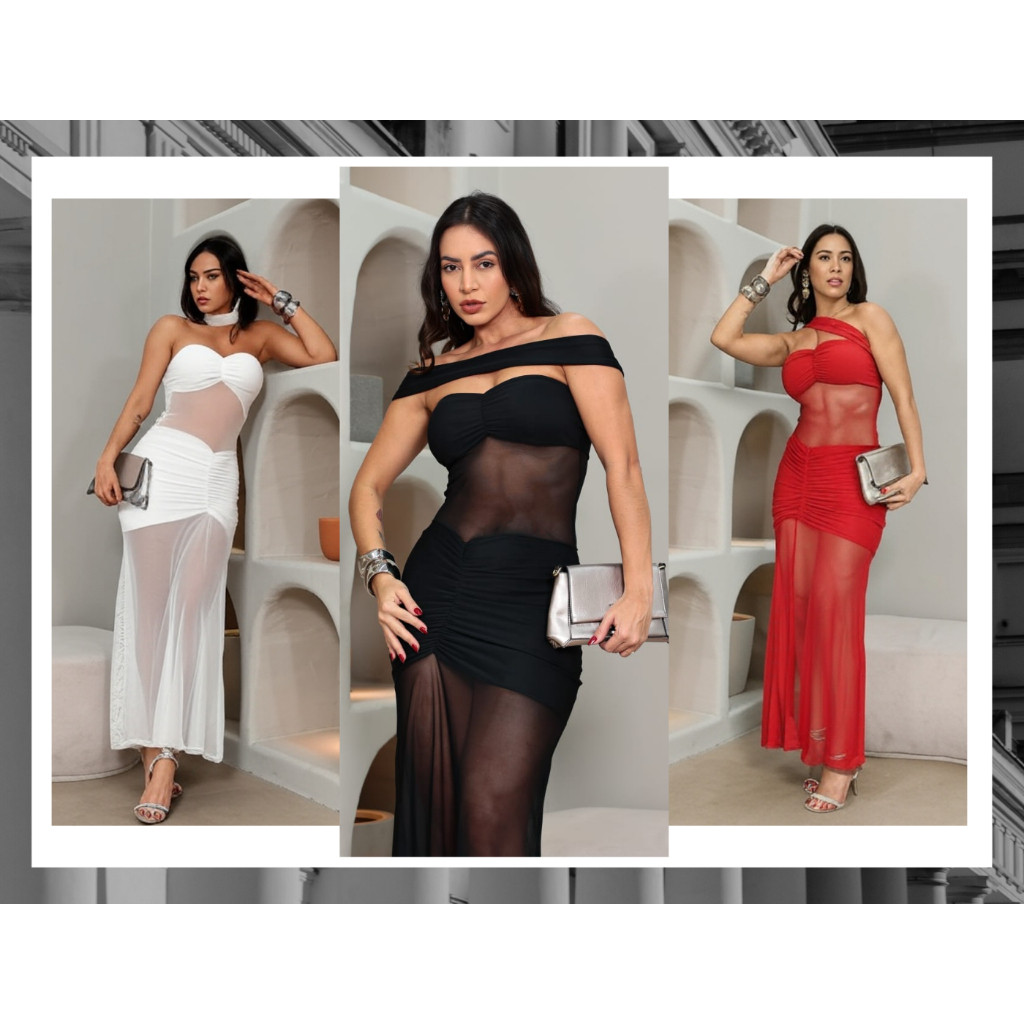 Vestido Longo Catalina Feminino em Tule Transparente – Tomara que Caia Drapeado com Sublesse Tam- UN