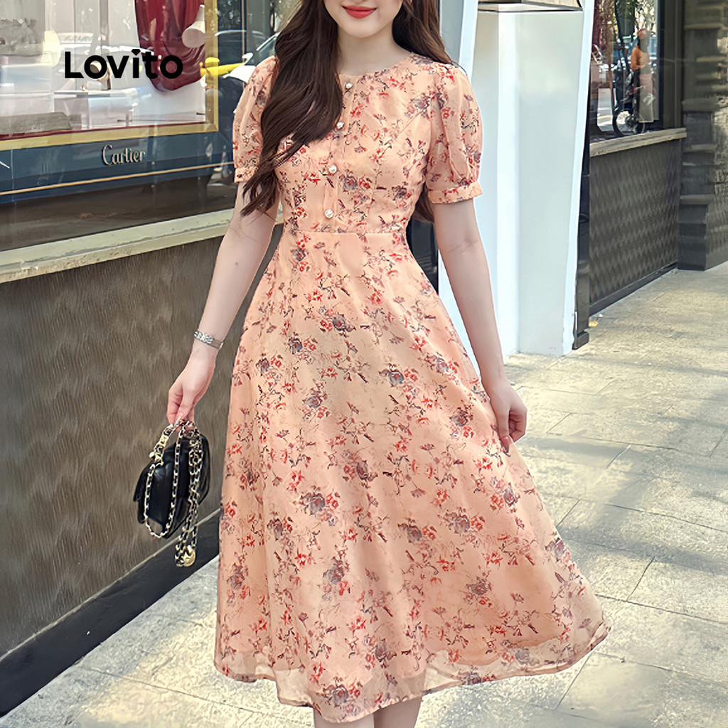 Detalhes do Lovito Vestido Elegante Com Botões E Flores Requintados Dia a Dia Na Primavera/verão Para Mulheres L150ED021