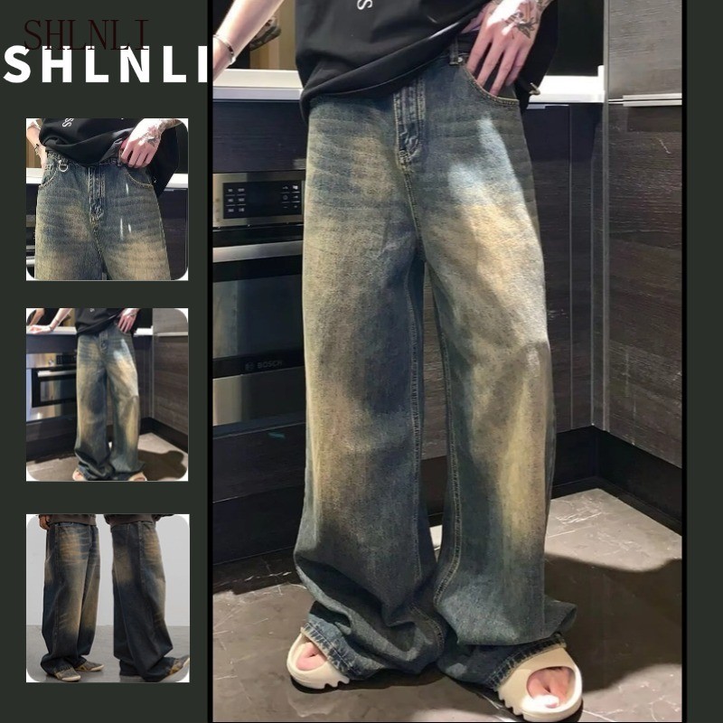 Estilo Coreano High Street Vintage Lavado Perna Reta Jeans Verão Solto E Versátil Calças Largas Na Altura Do Chão