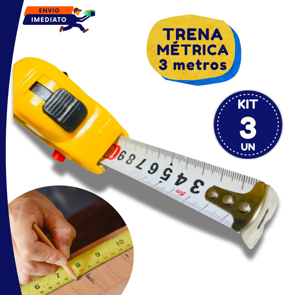 01 ou Kit 03 Unidades Trena Emborrachada Profissional de Bolso 3 metros Fita Métrica Aço Trava Retrátil Flexível