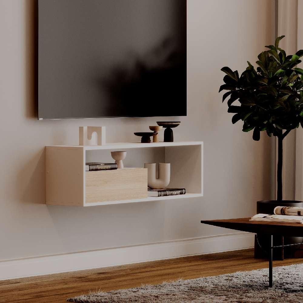 Estante Rack para TV Sala Quarto Roma Branco com Carvalho
