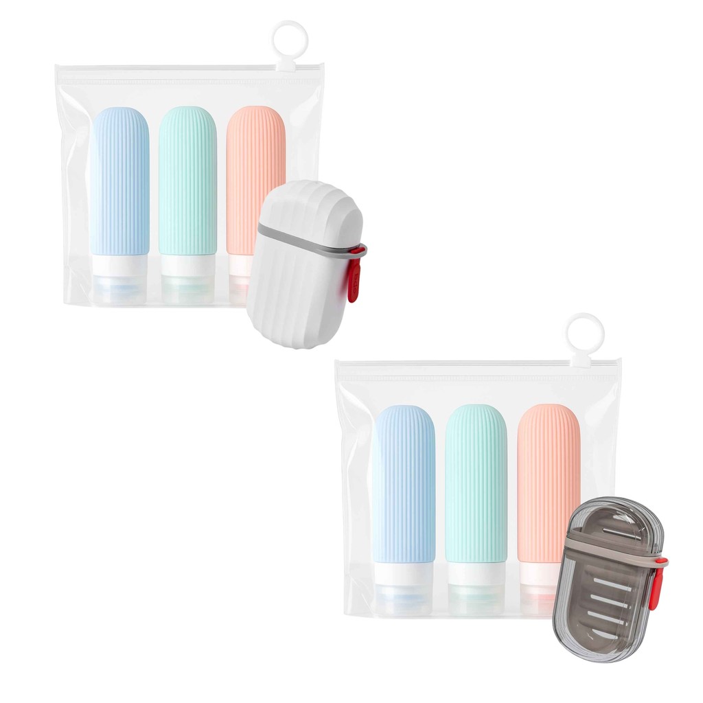 Kit Saboneteira Com 3 Frascos Para Shampoo E Creme Ideal Para Viagem Em Silicone Compacto Funcional