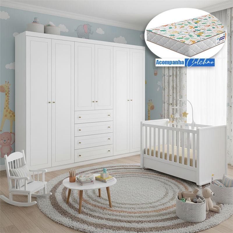 Berço Tutto New com Guarda Roupa Mississipi Ambiente 6 Portas Branco Fosco e Colchão Gazin - Matic