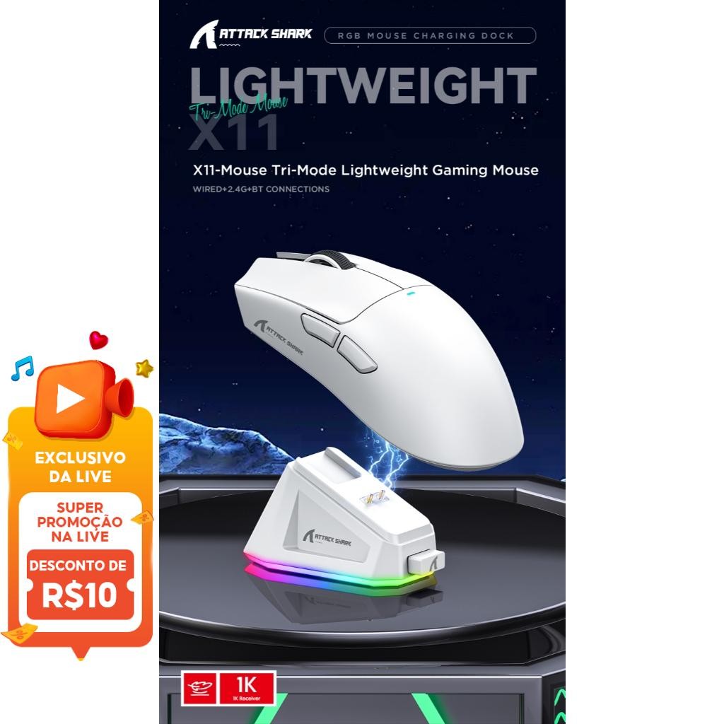 Mouse Attack Shark X11 Sem Fio Buletooth Três Modos 2.4G BT5.0 22000DPI Recarregável RGB Para Jogos PC