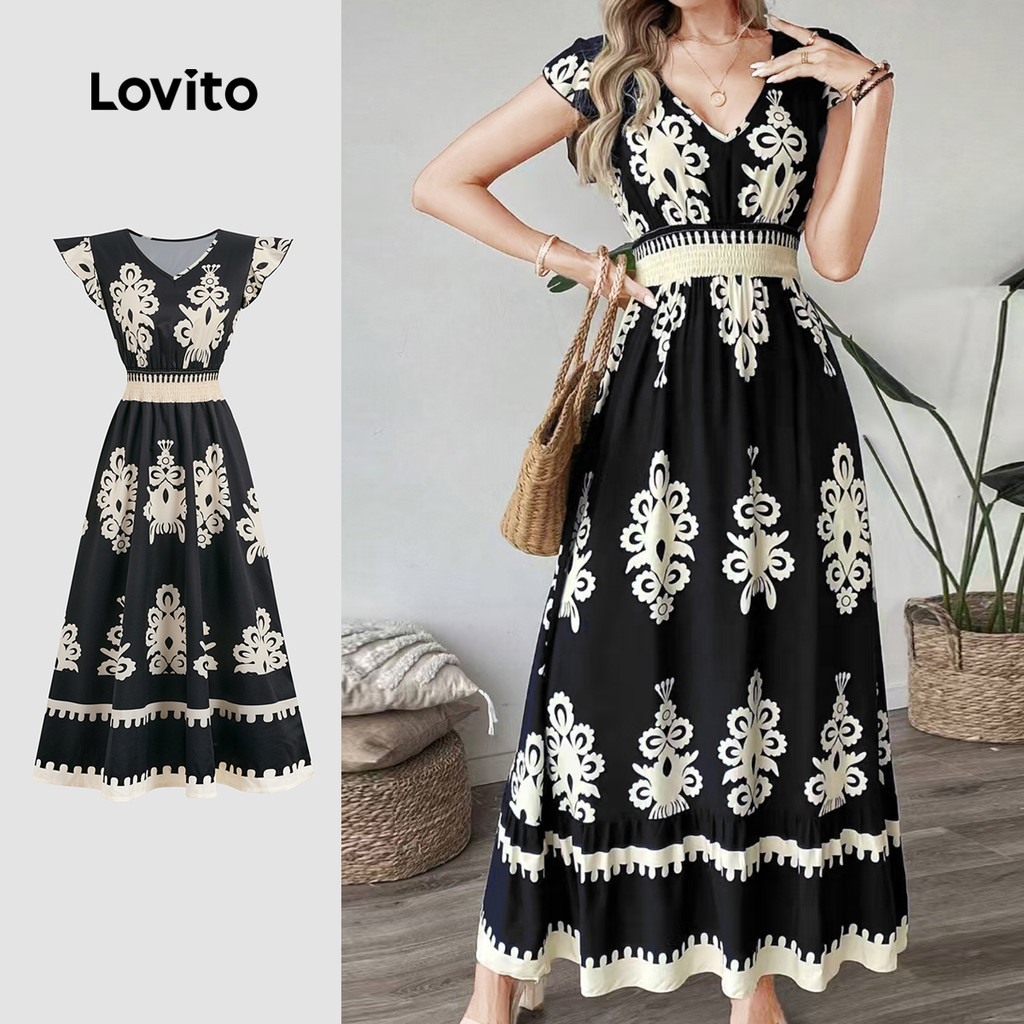 (NEW) Lovito Vestido Boho Esvoaçante Costurado de Primavera/verão Vestido Preto e Branco para Mulheres L155AD374 em Oferta na Shopee