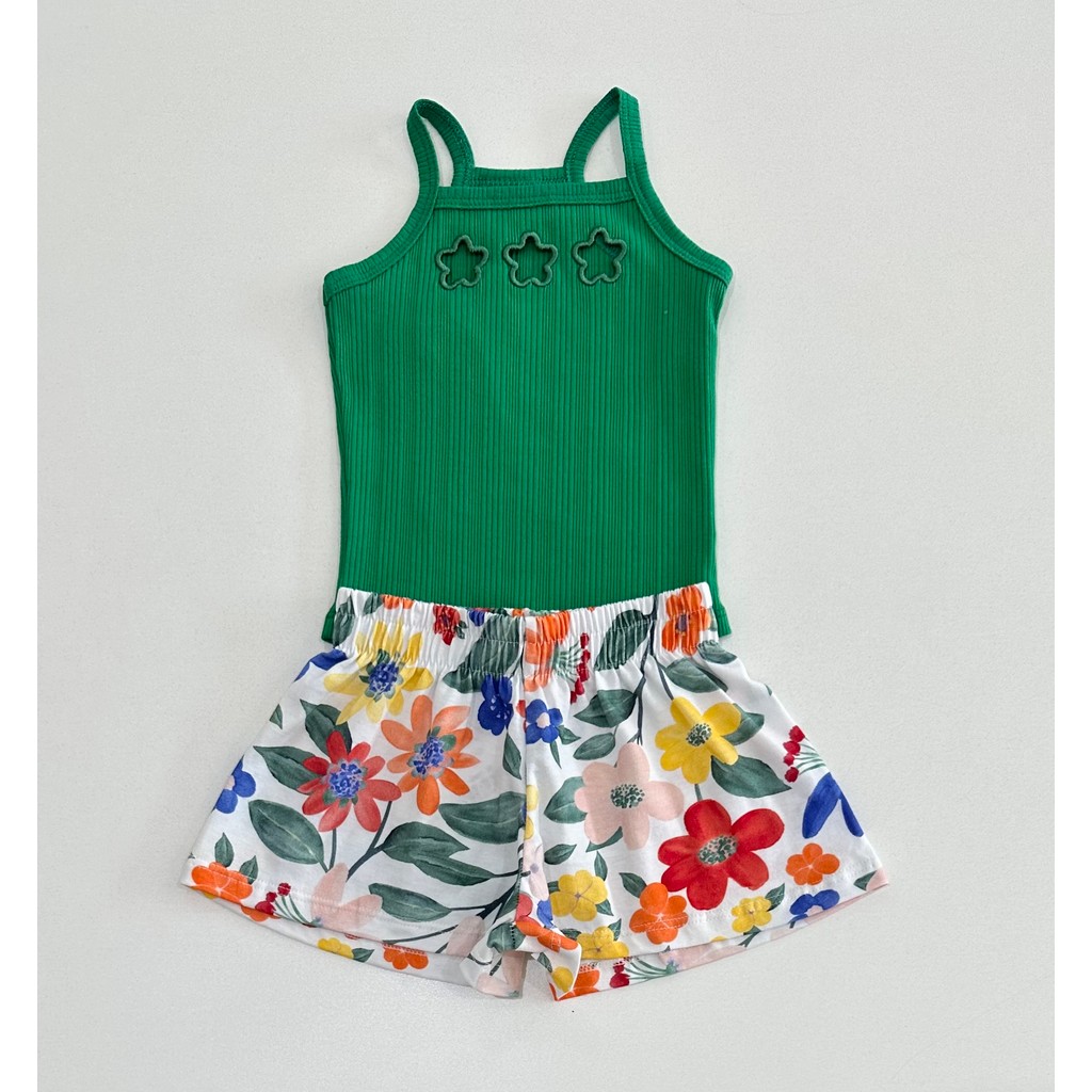Conjunto Infantil Feminino Nanai Verde Regata Recorte Floral Shorts Estampado Colorido Menina Moda Kids Verão