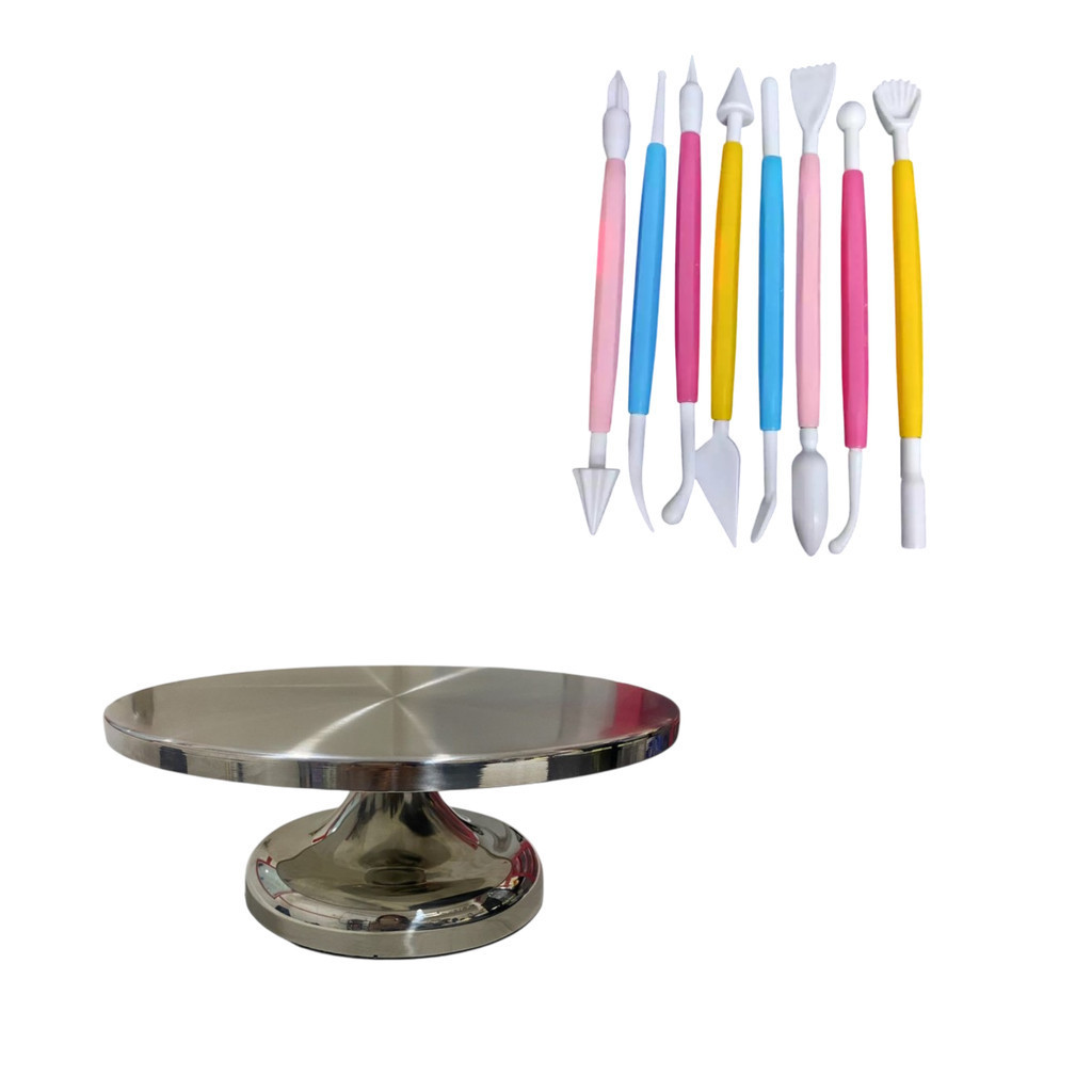 Kit Bailarina Prato Para Confeitar Bolo Inox 360° + Kit Estecas Para Decorar Bolo