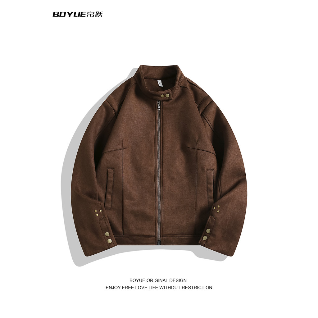 BOYUE BOYUE Jaqueta de camurça Vintage com gola simples Casual jaqueta Bomber masculina e feminina