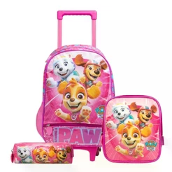 Kit Mochila de Rodinha + Lancheira Térmica + Estojo Infantil Feminino Patrulha Canina Skye e Equipe Rosa