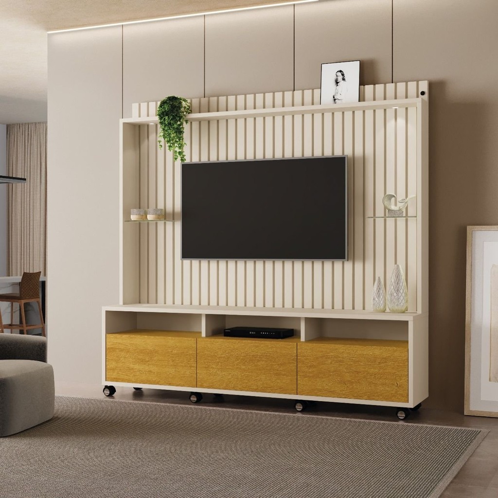 Estante e Home Theater Ripado para TV até 60 Polegadas MDF 190cmx190cm Led com Rodízio 3 Gavetas Absoluto Bege Off