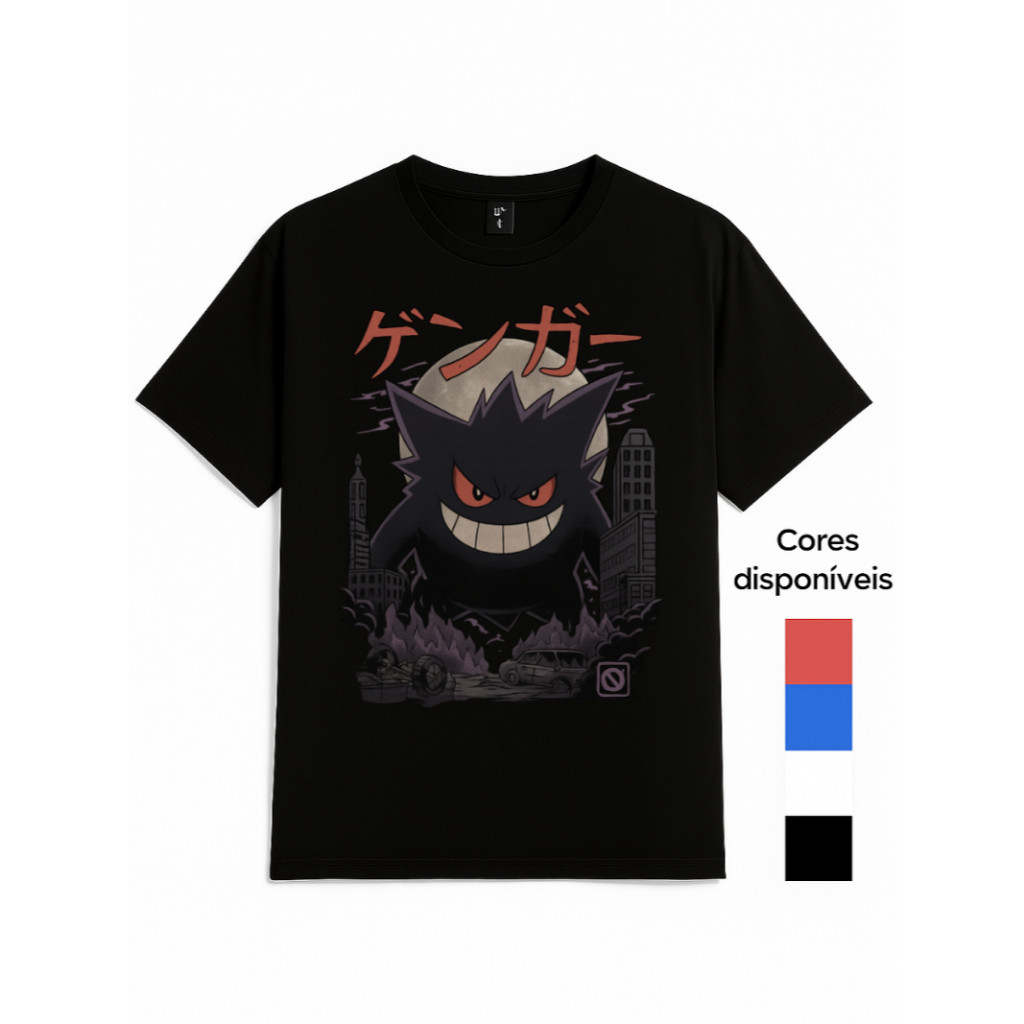 Camiseta Gengar Godzilla Pokémon Infantil Adulto Camisa Desenho Menino Menina Estampada Algodão Unissex Casual