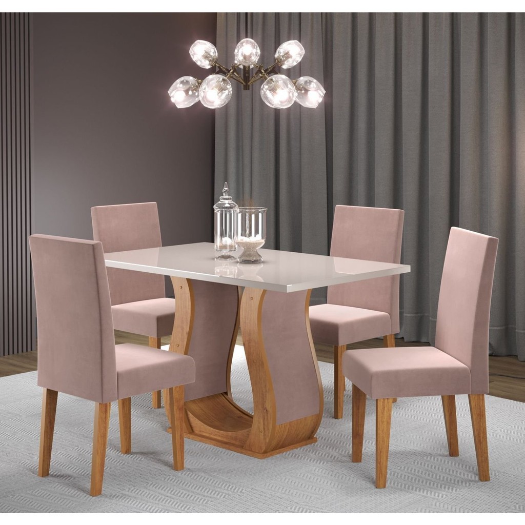 Conjunto Sala de Jantar Mesa Inovare 120x80cm Tampo Vidro/mdp com 4 Cadeiras Venus Branco/Mel/Rosa em Oferta na Shopee