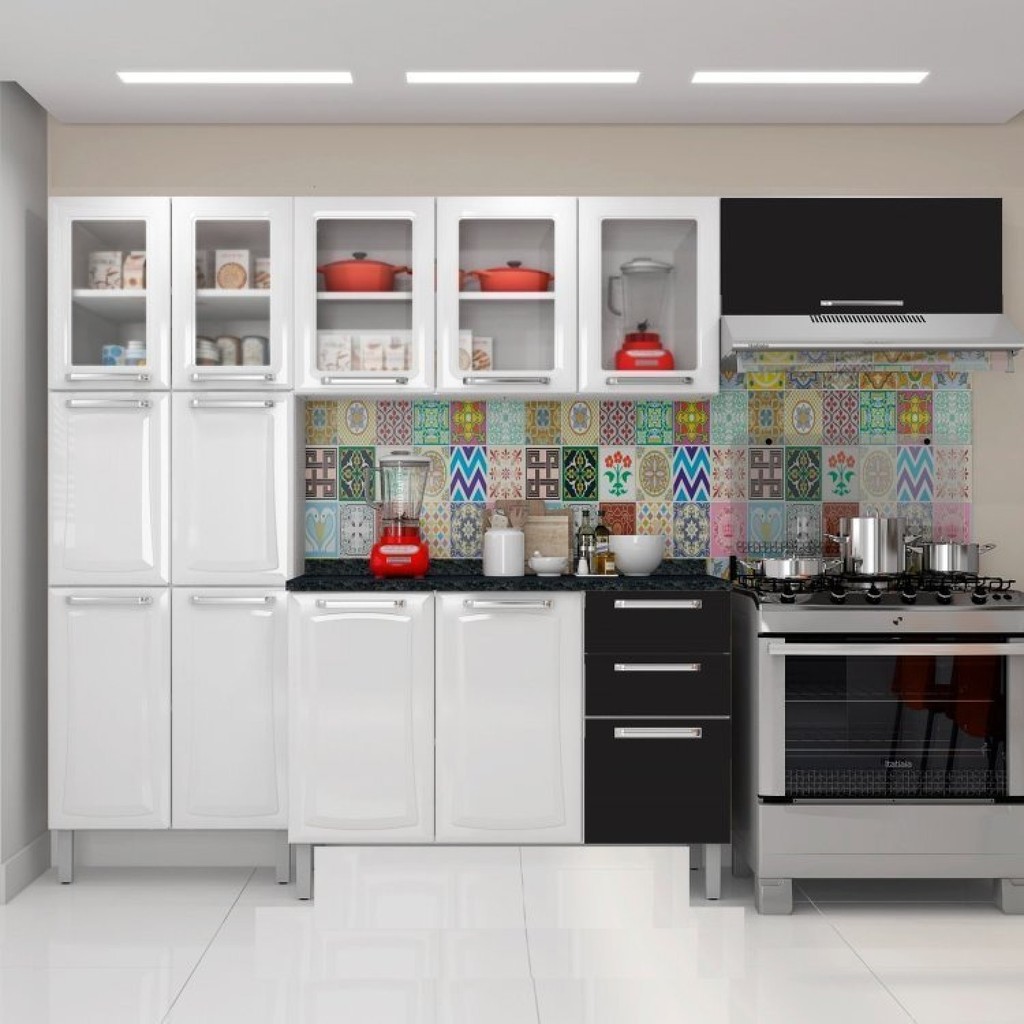 Cozinha Completa Modulada 4 Peças 13 Portas 2 Gavetas Tarsila Itatiaia Branco Branco/Preto