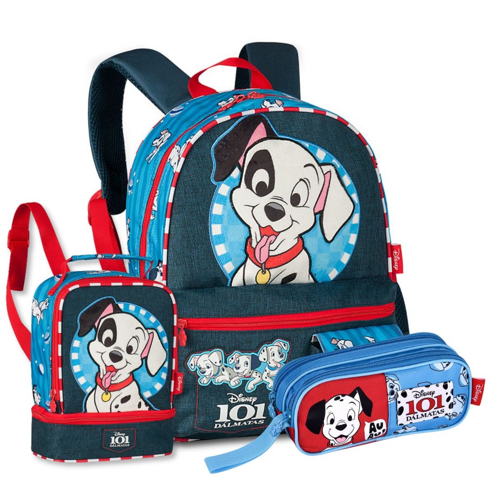 Mochila Costas 101 Dálmatas Com Lancheira e Estojo Kit Escolar