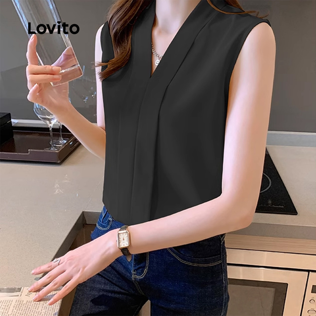 Detalhes do Lovito Regata Elegante Clássica E Versátil Lisa Preta Para Mulheres Ideal Para O Verão/primavera L134ED459