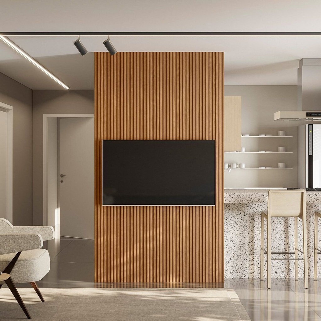 Painel Ripado para TV até 60 Polegadas 100% MDF 141cmx250cm Modular 1.4 Marrom Nature Fosco Nature Fosco
