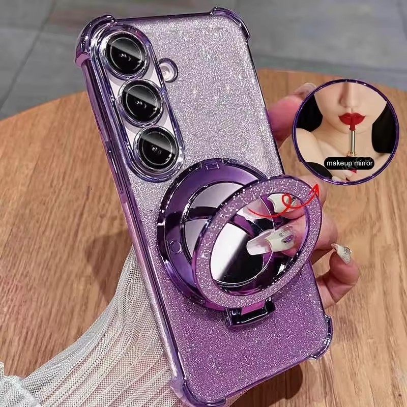 Glitter À Prova De Choque Espelho Suporte Magnético Caso Para Samsung Galaxy A07 A17 A37 A57 A06 A16 A26 A36 A56 A05 A15