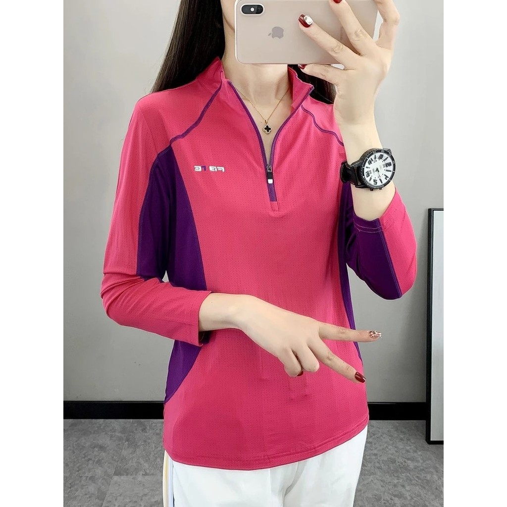 Camiseta de secagem rápida ao ar livre feminina manga comprida gola alta primavera verão lazer esportes Fitness caminhad