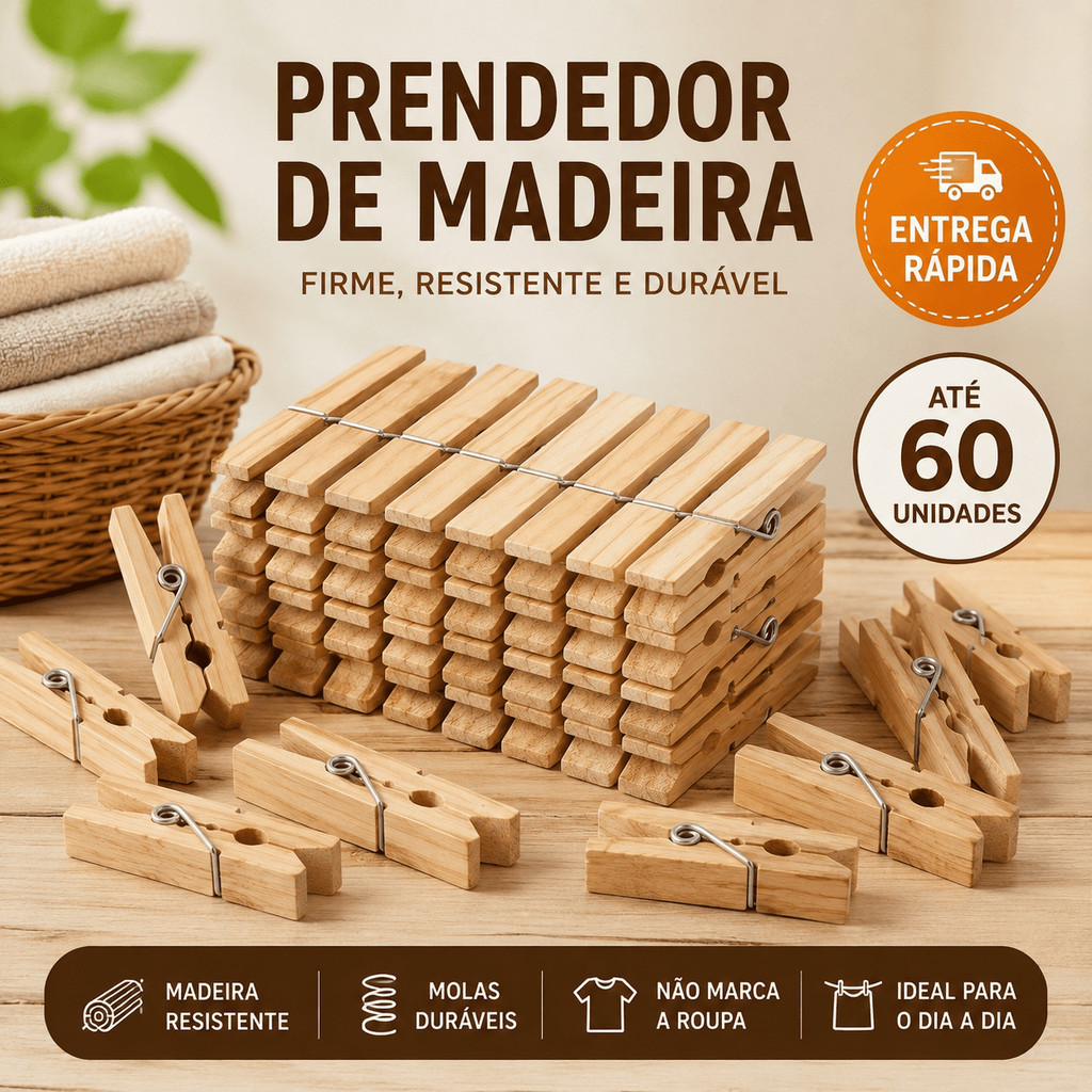Pregadores De Roupa Em Madeira Reforçados Kit 12 A 60 Unidades