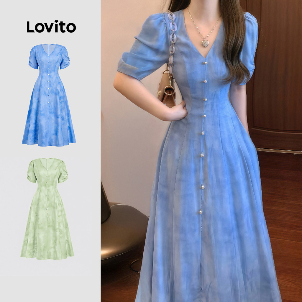 Lovito Elegante Dress com Botões Primavera/verão Azul Vestido para Mulheres L158