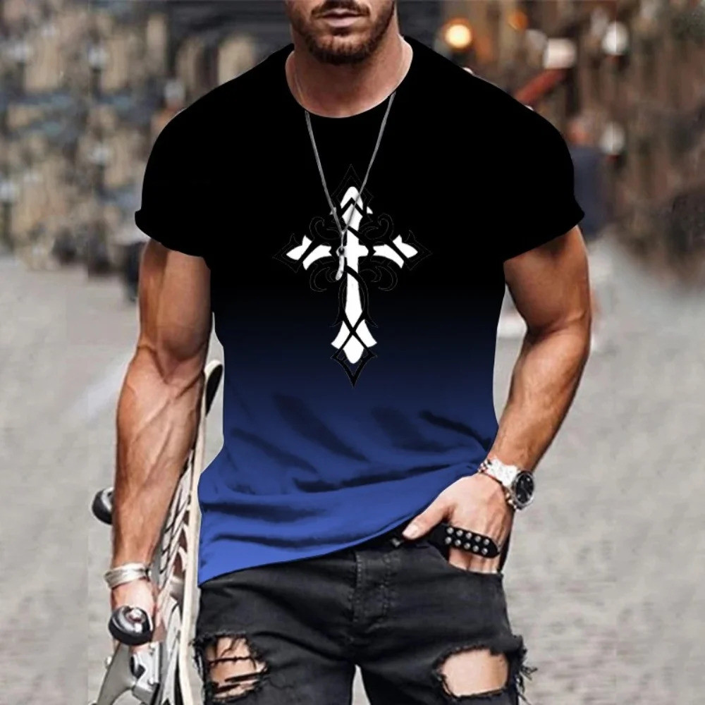 Moda Impressão 3D Gradiente Masculina Verão Venda Quente Esportes E Lazer Versátil Em Torno Do Pescoço Camiseta Pulôver