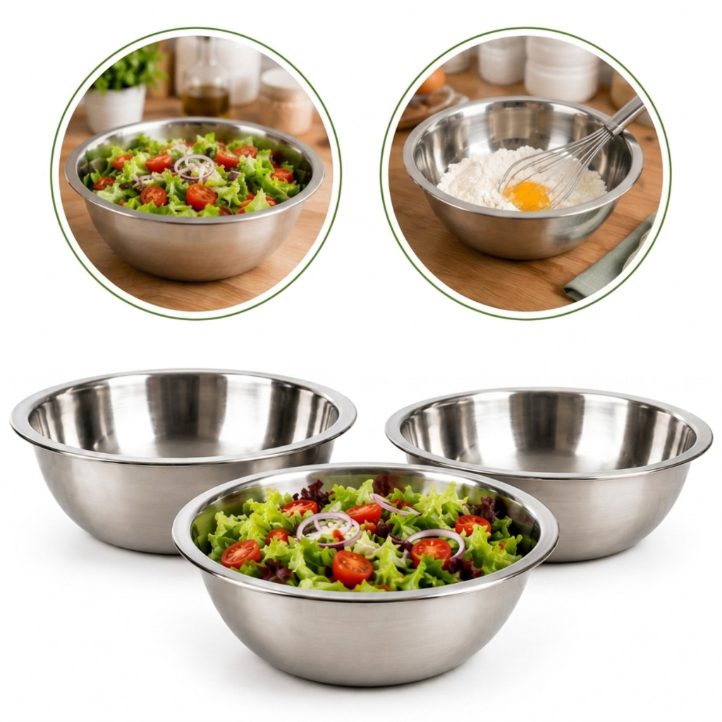 Kit 3 Tigelas Inox 1,2L Bowl Saladeira Bacia Aço Inox 21cm