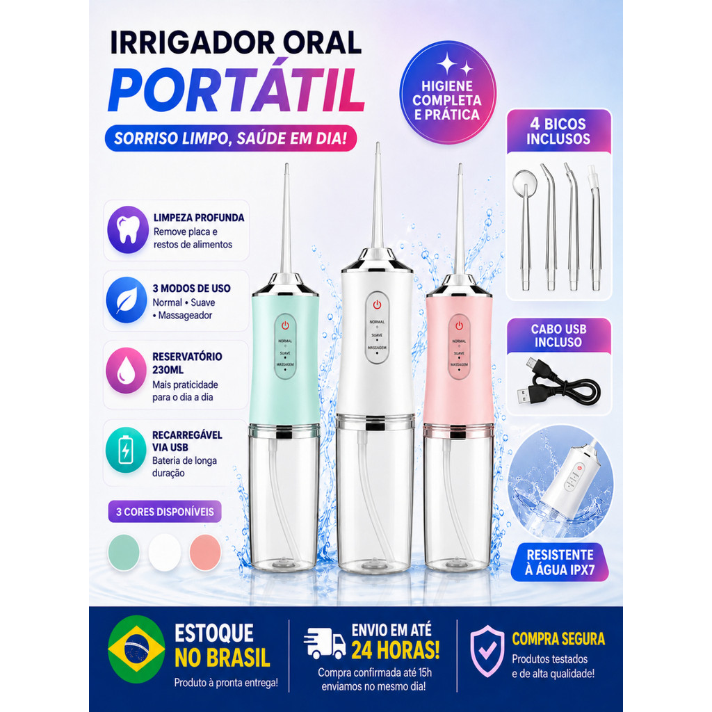 Irrigador Oral Portátil Recarregável USB Remove Resíduos e