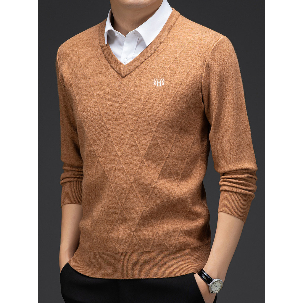 Novo masculino com decote em v camisola de caxemira máquina lavável engrossado gola coração camisola pai camisola quente