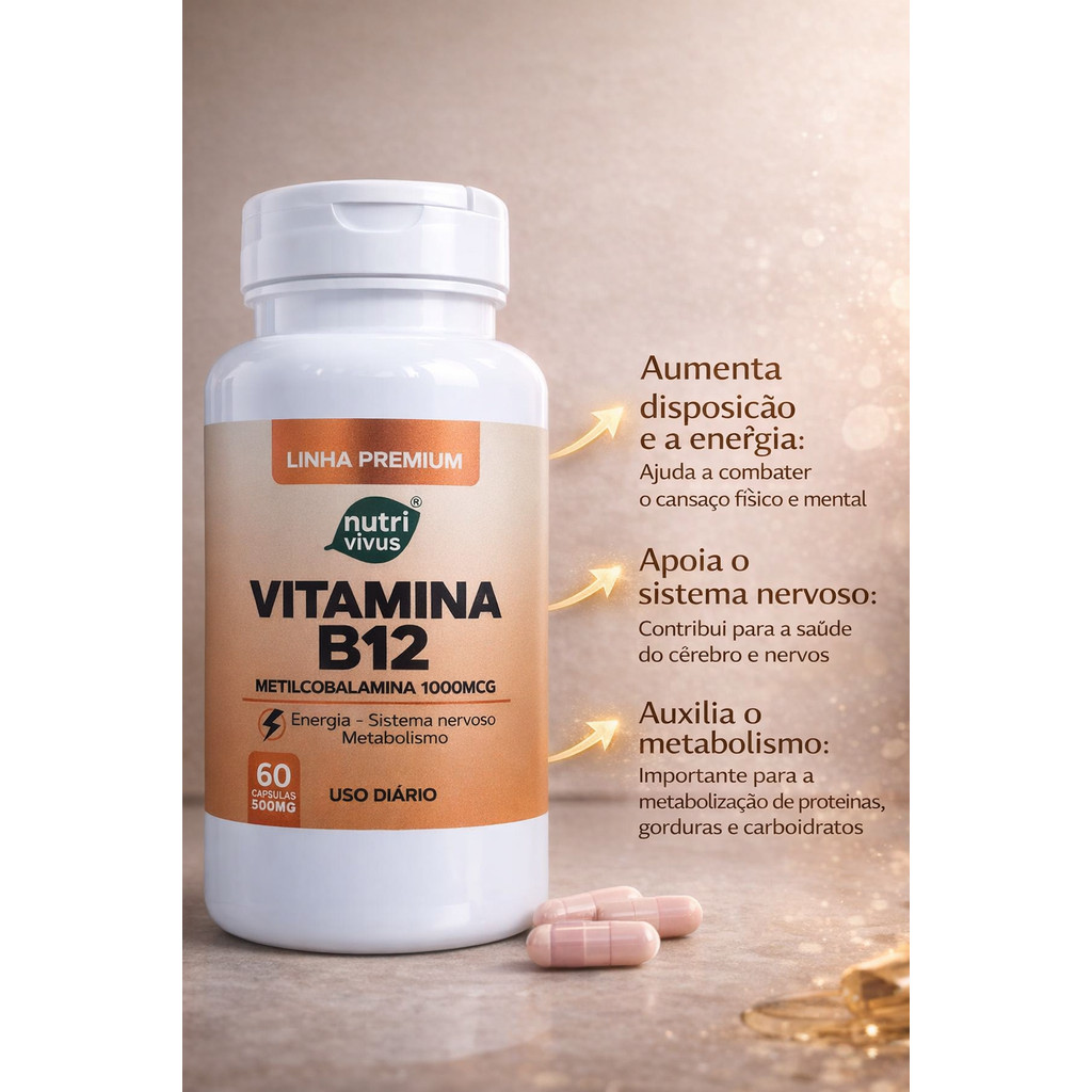 Vitamina B12 1000mcg Metilcobalamina 60 cápsulas + Energia Saude Imunidade Cabelos e Unhas Fortes