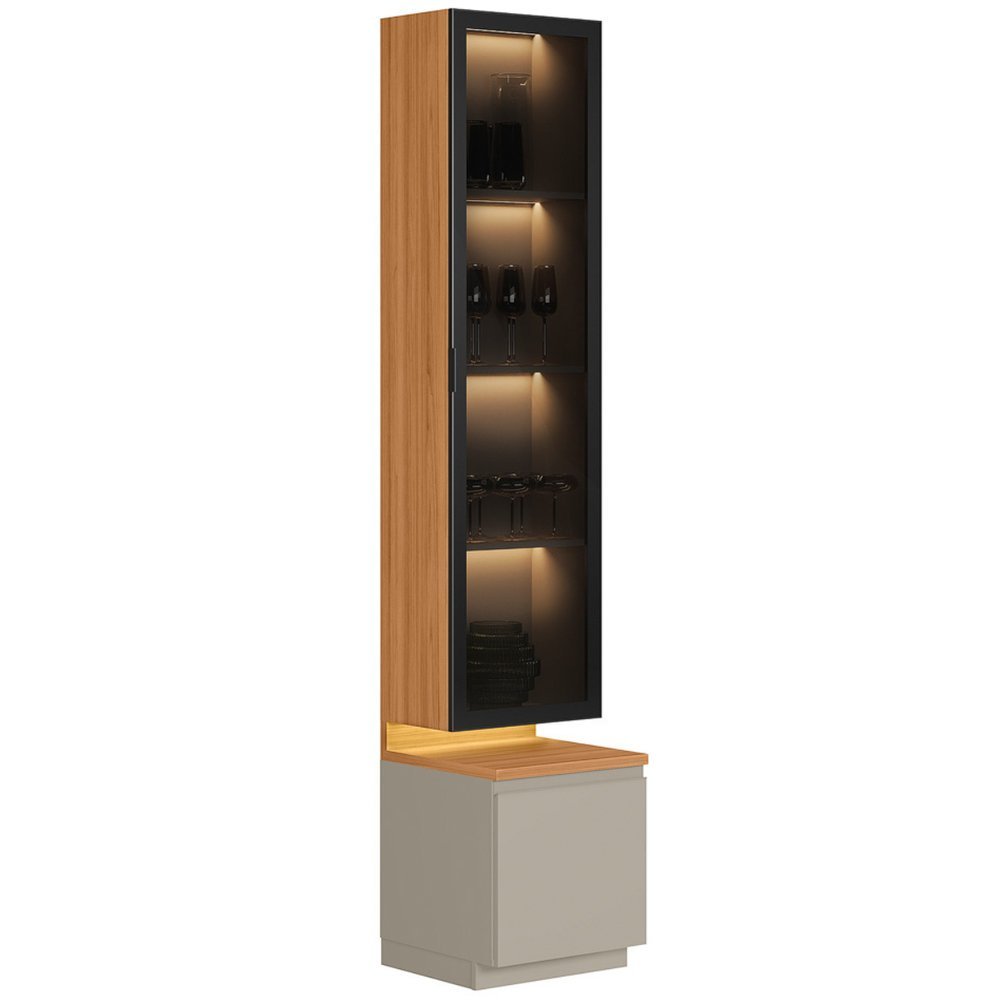 Cristaleira com Led 1 Porta de Vidro 3 Prateleiras Magnata  Canela/Gris